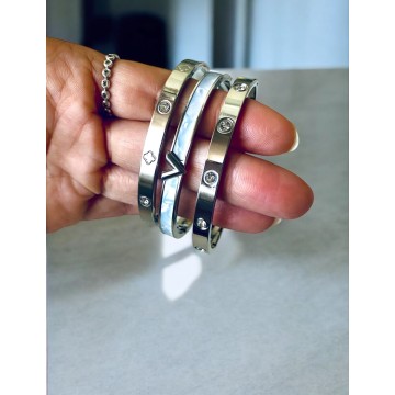 Pulseira trevos e cristais prateada aço inoxidável