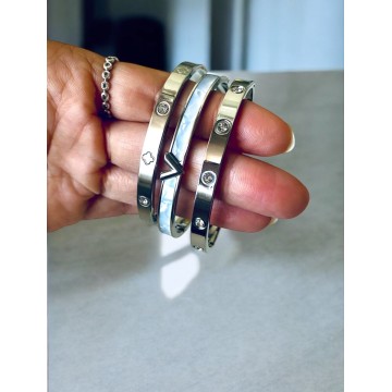 Pulseira brilhos prateada aço inoxidável