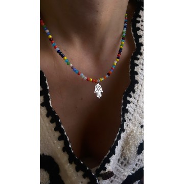 Colar Mão de Fátima – aço - Cristais Multicoloridos