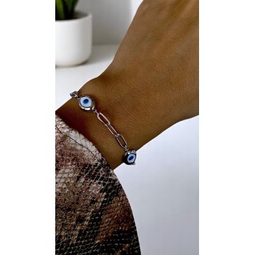 Pulseira prateada mística olho turco aço 316L
