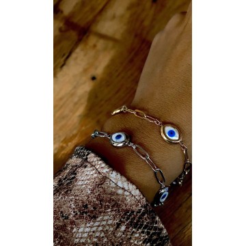 Pulseira prateada mística olho turco aço 316L