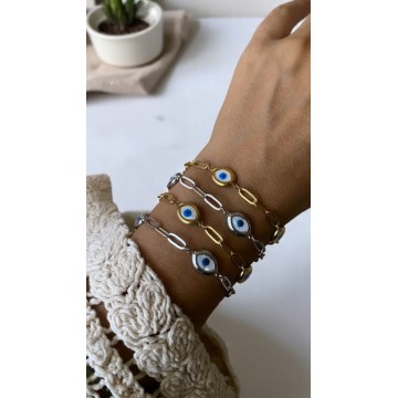 Pulseira prateada mística olho turco aço 316L