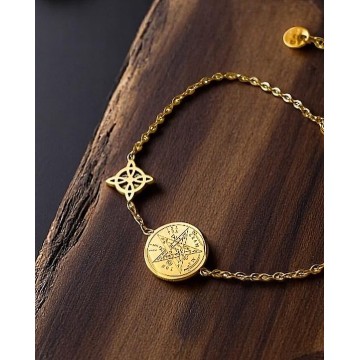 Pulseira mística nó celta com selo Salomão aço dourado
