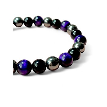 Pulseira 3 Poderes Olho de tigre roxo, Ónix, Hematite