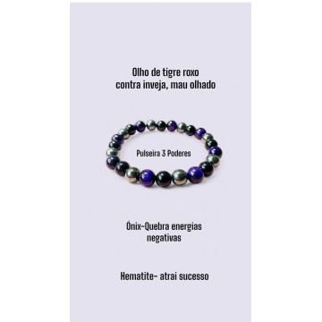 Pulseira 3 Poderes Olho de tigre roxo, Ónix, Hematite