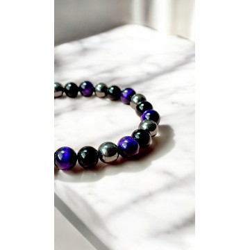Pulseira 3 Poderes Olho de tigre roxo, Ónix, Hematite