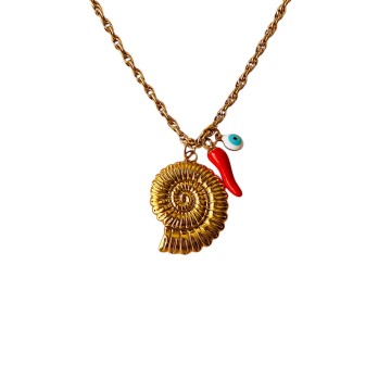 Colar dourado amonite, olho turco e pimenta vermelha