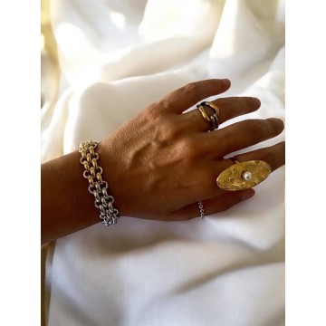 ANEL SAGRADO AÇO PRATEADO E DOURADO
