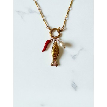 COLAR PEIXE PIMENTA PÉROLA AÇO