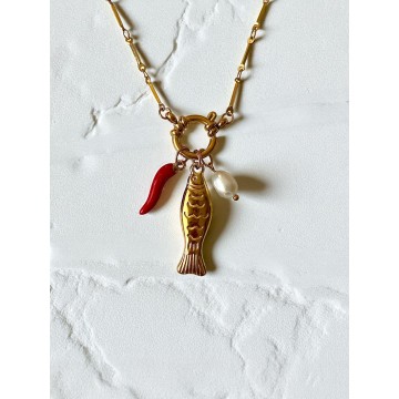 COLAR PEIXE PIMENTA PÉROLA AÇO