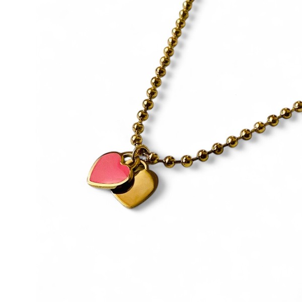 COLAR AMOR ETERNO – CORAÇÃO DUPLO DOURADO E ROSA COLAR AMOR ETERNO – CORAÇÃO DUPLO DOURADO E ROSA