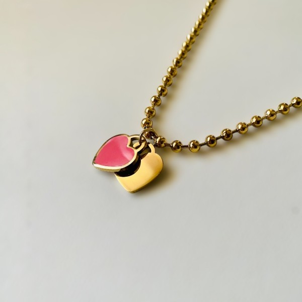 COLAR AMOR ETERNO – CORAÇÃO DUPLO DOURADO E ROSA COLAR AMOR ETERNO – CORAÇÃO DUPLO DOURADO E ROSA
