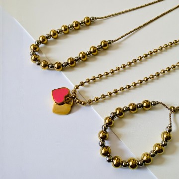 COLAR AMOR ETERNO – CORAÇÃO DUPLO DOURADO E ROSA COLAR AMOR ETERNO – CORAÇÃO DUPLO DOURADO E ROSA
