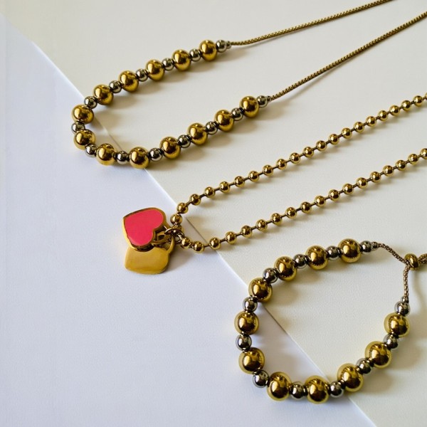 COLAR AMOR ETERNO – CORAÇÃO DUPLO DOURADO E ROSA COLAR AMOR ETERNO – CORAÇÃO DUPLO DOURADO E ROSA