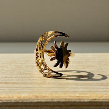ANEL SOL E LUA AÇO DOURADO