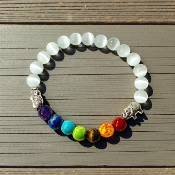 PULSEIRA ELÁSTICA SETE CHAKRAS – SELENITE & ELEFANTES