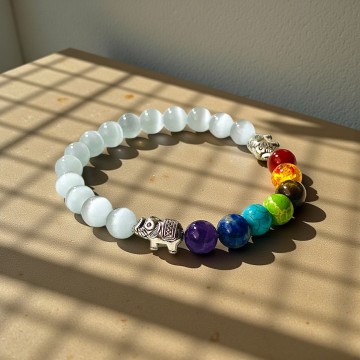 PULSEIRA ELÁSTICA SETE CHAKRAS – SELENITE & ELEFANTES