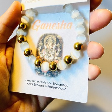 PULSEIRA GANESHA SELENITE E HEMATITE DOURADA