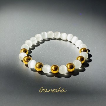 PULSEIRA GANESHA SELENITE E HEMATITE DOURADA