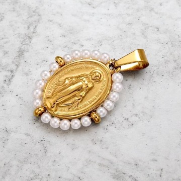 COLAR NOSSA SENHORA DOURADO E PÉROLAS