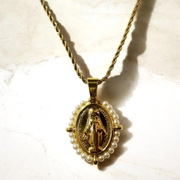 COLAR NOSSA SENHORA DOURADO E PÉROLAS