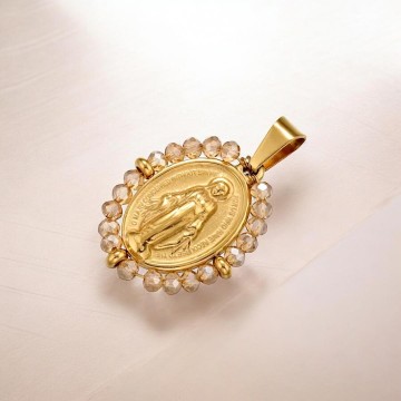 COLAR NOSSA SENHORA DOURADO E CRISTAIS CHAMPANHE