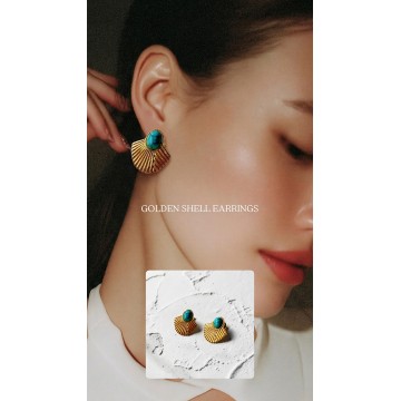 BRINCOS GOLDEN SHELL PEDRA TURQUESA