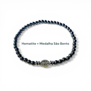 PULSEIRA HEMATITE COM MEDALHA SAO BENTO