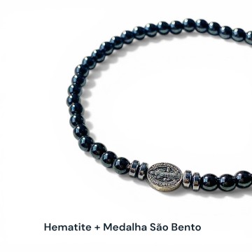 PULSEIRA HEMATITE COM MEDALHA SAO BENTO