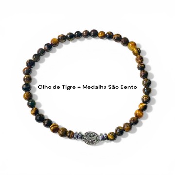PULSEIRA OLHO DE TIGRE COM MEDALHA DE SÃO BENTO