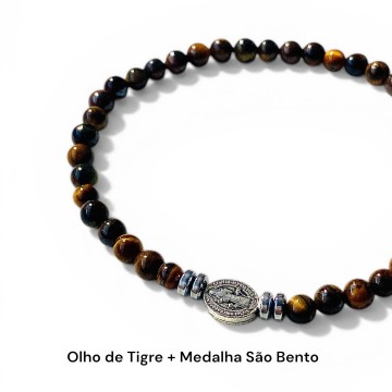 PULSEIRA OLHO DE TIGRE COM MEDALHA DE SÃO BENTO