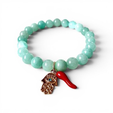 PULSEIRA TOTAL EM AMAZONITE COM PINGENTES PIMENTA VERMELHA E HAMSÀ