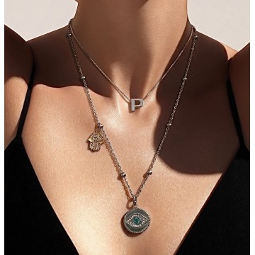 COLAR PROTEÇÃO SAGRADA – AÇO PRATEADO COM HAMSÁ DOURADA