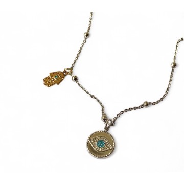 COLAR PROTEÇÃO SAGRADA – AÇO PRATEADO COM HAMSÁ DOURADA