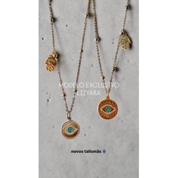 COLAR PROTEÇÃO SAGRADA – AÇO PRATEADO COM HAMSÁ DOURADA