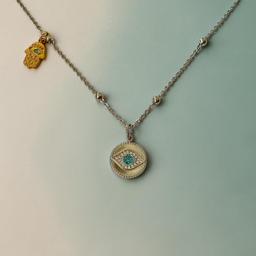 COLAR PROTEÇÃO SAGRADA – AÇO PRATEADO COM HAMSÁ DOURADA