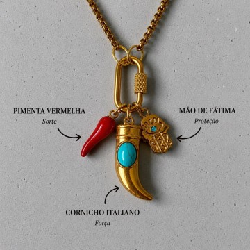 Colar Cornicho Turquesa, Mão de Fátima & Pimenta Vermelha