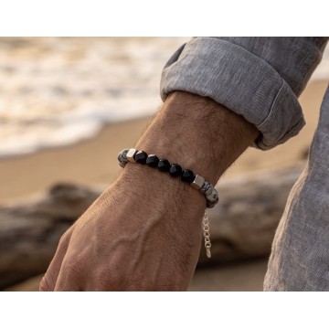 PULSEIRA JASPE CINZA E TURMALINA