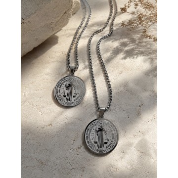 COLAR SÃO BENTO MEDALHA REDONDA AÇO